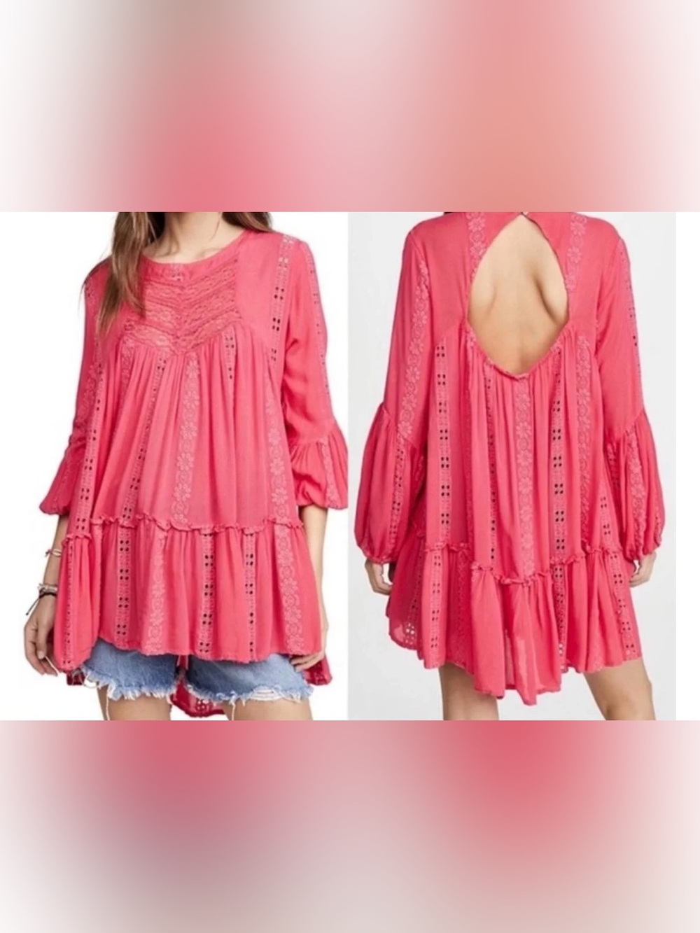 Free People Sweetest Dream Tunic NWT Embroidered Eyelet Boho Long Sleeve Coral P